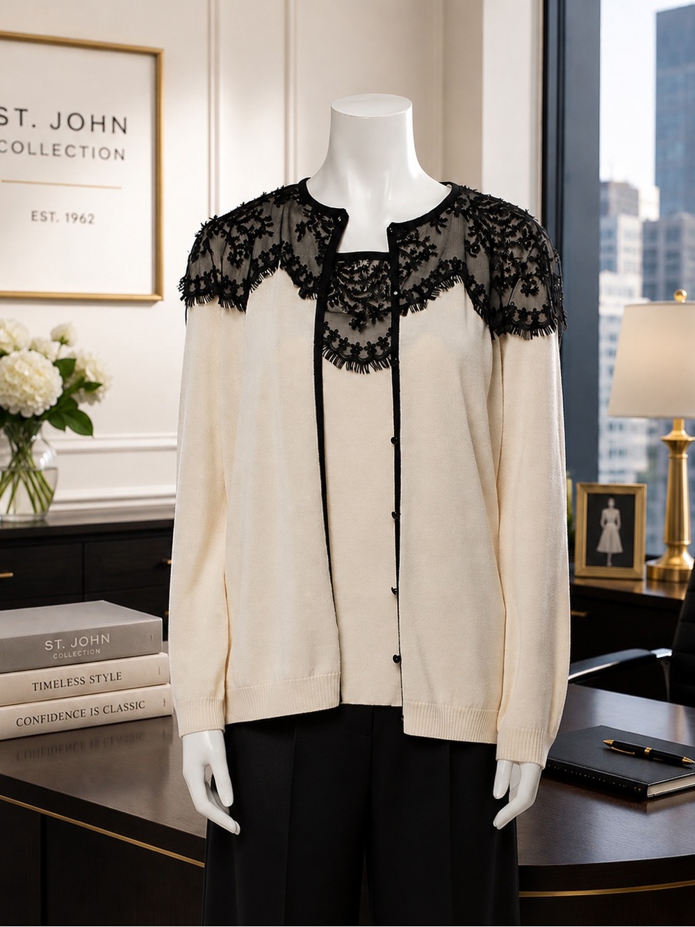 St. John Collection Cream & Black Lace Sweater Cardigan Set – Size M (US 6) - Picture 2 of 11